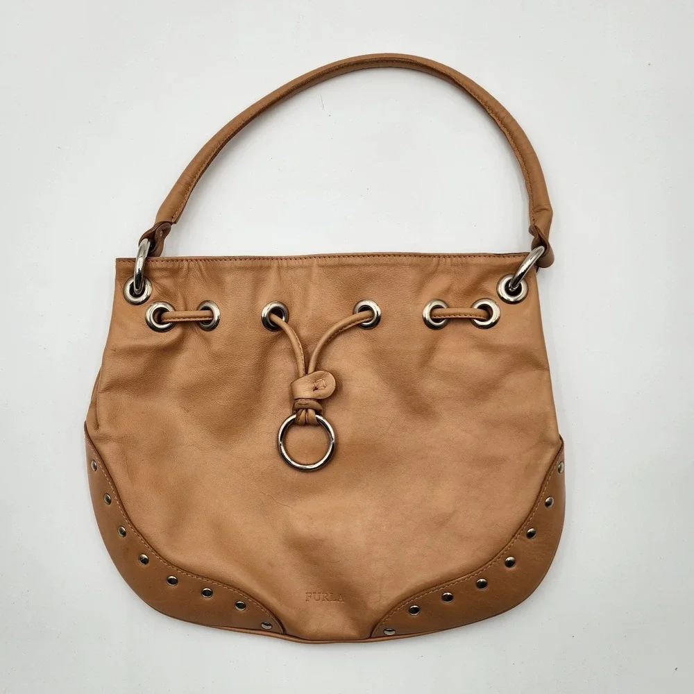 Furla Hobo Shoulder Bag Tan Soft Smooth Leather Drawstring Studded Authentic
